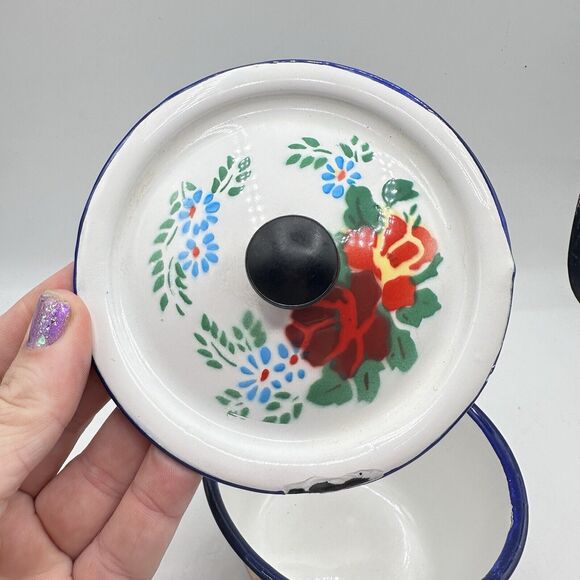 Vintage Mini Floral Enamel Pot Trinket Dish Roses Retro Kitsch Decor - Picture 4 of 13